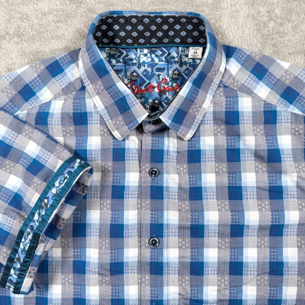 Robert Graham Shirt Mens Medium Gray Blue Plaid Stripe Flip Cuff Classic Fit SS